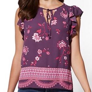 Mixed-Print Ruffled Short-Sleeve Blouse